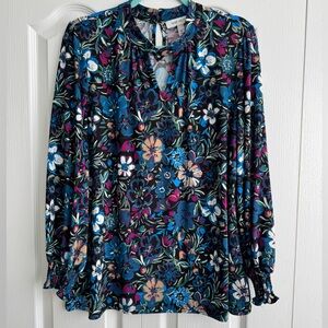 Nine West Women’s Black Floral V-Neck Long Sleeve Blouse Size XL